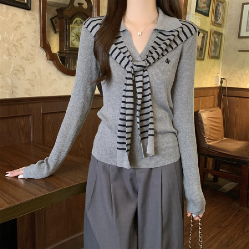 Photographed Autumn/Winter Korean Style Striped Shawl Collar Polo Neck 6 Wool Knit Topcoat Base Layer Innerwear Sweater for Women