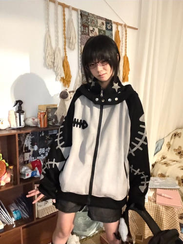 Japanese-style anime-inspired color-blocking patchwork stand-up collar detachable hood sweatshirt outerwear for autumn and winter, loose zipper open sweater