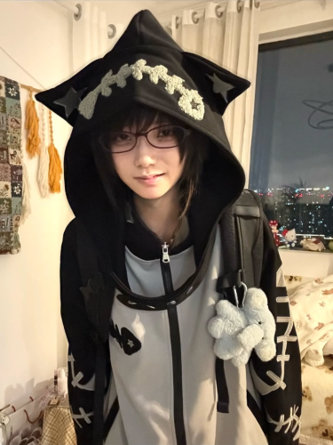 Japanese-style anime-inspired color-blocking patchwork stand-up collar detachable hood sweatshirt outerwear for autumn and winter, loose zipper open sweater