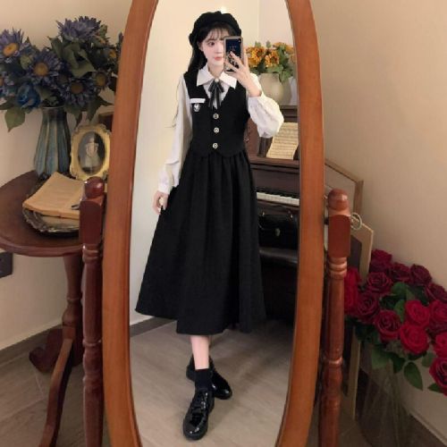 French Academy Style Black Dress for Women 2025 Autumn and Winter Teacher Qualification Interview Art Exam Adult Ceremony Two-Piece Skirt