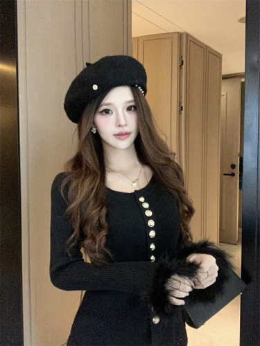 Shot~Little Chanel-style fuzzy sleeve knit base shirt for women, autumn and winter this year's popular sweater innerwear top