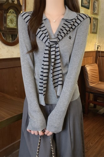 Photographed Autumn/Winter Korean Style Striped Shawl Collar Polo Neck 6 Wool Knit Topcoat Base Layer Innerwear Sweater for Women