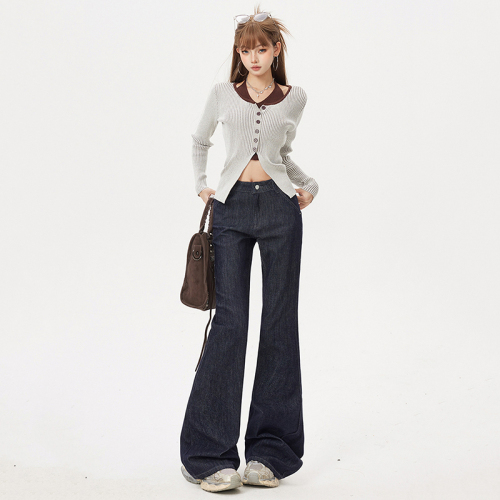 Real-shot—Original Color Leg-Slimming Korean-Style Vintage-Look Jeans with High Elasticity, Perfect for Autumn 2025, Available in a Flared Design