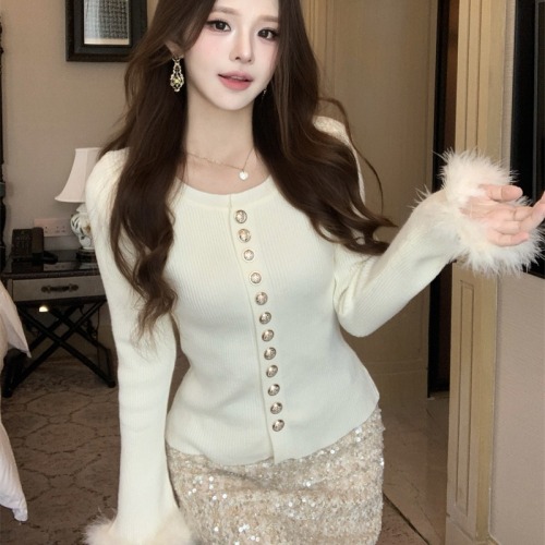 Shot~Little Chanel-style fuzzy sleeve knit base shirt for women, autumn and winter this year's popular sweater innerwear top