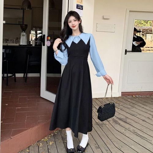 Nerdy messy autumn college style faux two-piece stand-up collared long-sleeve shirt A-line dress with waist-cinching and slimming effect