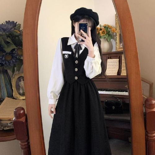 French Academy Style Black Dress for Women 2025 Autumn and Winter Teacher Qualification Interview Art Exam Adult Ceremony Two-Piece Skirt