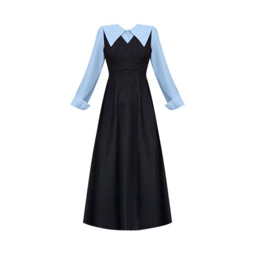 Nerdy messy autumn college style faux two-piece stand-up collared long-sleeve shirt A-line dress with waist-cinching and slimming effect