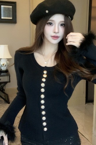 Shot~Little Chanel-style fuzzy sleeve knit base shirt for women, autumn and winter this year's popular sweater innerwear top