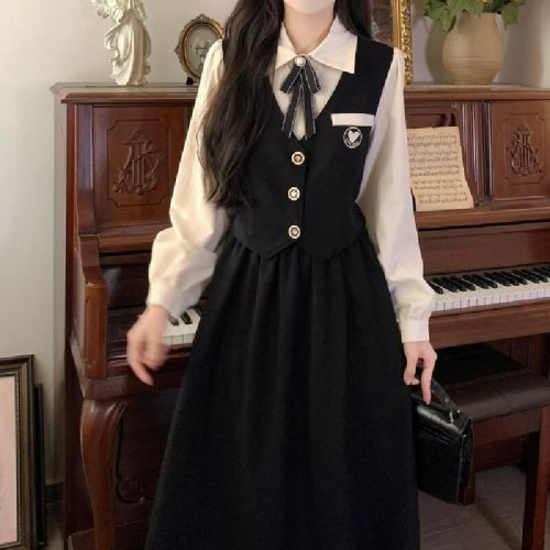 French Academy Style Black Dress for Women 2025 Autumn and Winter Teacher Qualification Interview Art Exam Adult Ceremony Two-Piece Skirt