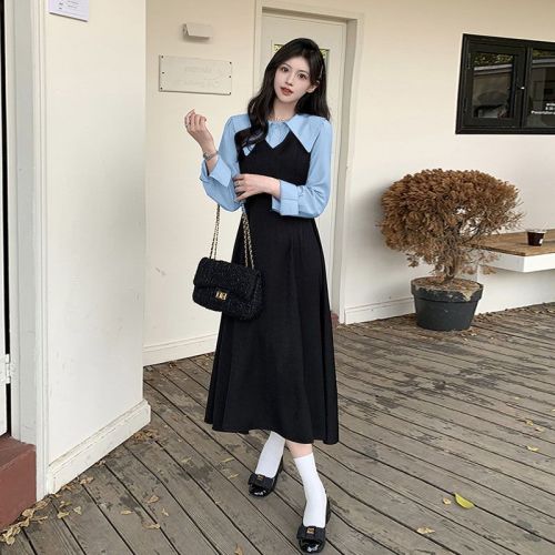 Nerdy messy autumn college style faux two-piece stand-up collared long-sleeve shirt A-line dress with waist-cinching and slimming effect