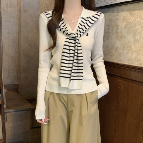 Photographed Autumn/Winter Korean Style Striped Shawl Collar Polo Neck 6 Wool Knit Topcoat Base Layer Innerwear Sweater for Women