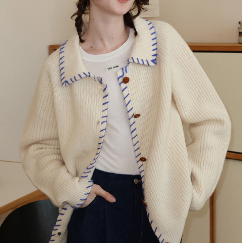 Women's Grey Crewneck Wool Cardigan Coat - Early Autumn Spring New Outerwear High-End Casual Knit Top