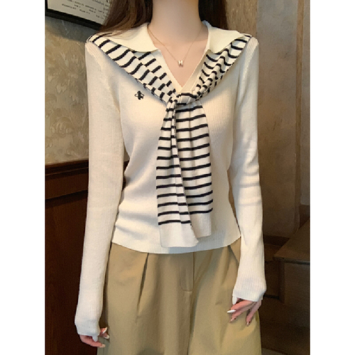 Photographed Autumn/Winter Korean Style Striped Shawl Collar Polo Neck 6 Wool Knit Topcoat Base Layer Innerwear Sweater for Women
