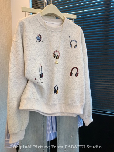 Official Image # Heavy Industry Headphone Embroidered Sweatshirt Women's Autumn Design Style Korean Style Outfit Long Sleeve T-Shirt Cover Stomach Top