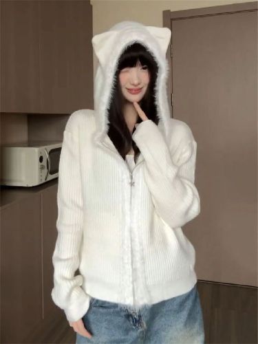 Adorable Sweet Girl Bear Ears Hood Knit Sweater for Women 2025 Autumn/Winter Loose and Slimming Top