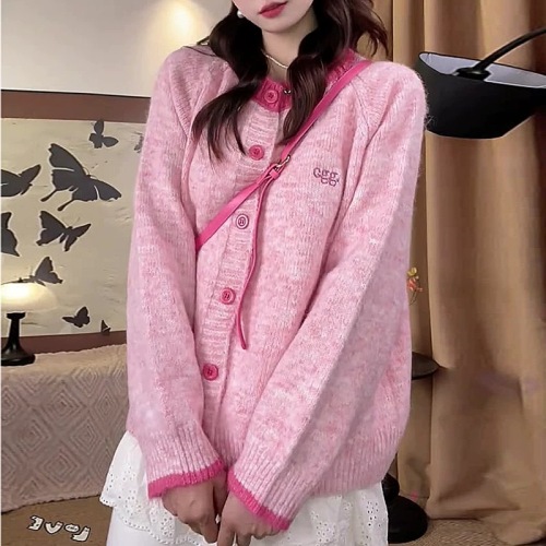 2025 Color-blocking Korean-style retro knit cardigan for women, new autumn design, versatile and soft sweater-style coat