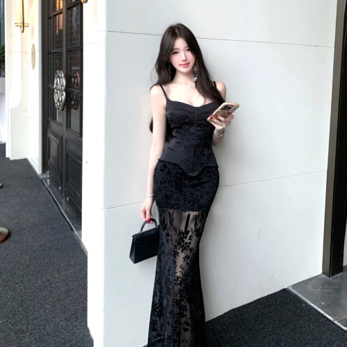 Photographed Design Black Lace Splicing Bralette Strap Women's Waist Cinching Hip Bump Dress Set