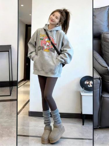 High-quality cotton composite CVC ribbed women's hooded printed sweatshirt, regular lined