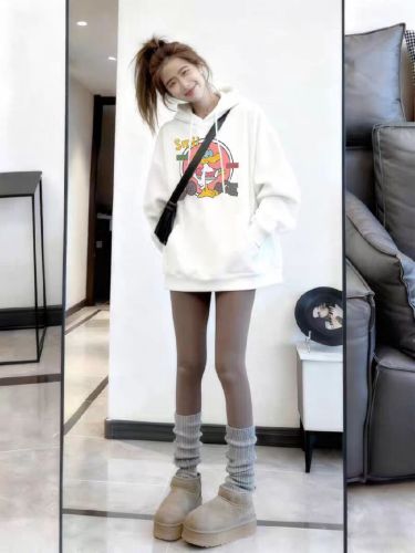 High-quality cotton composite CVC ribbed women's hooded printed sweatshirt, regular lined