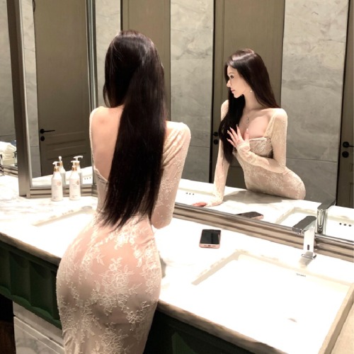 Photographed French Pure Desire Lace Splicing Dress High-waist Slimming Bustier Bodycon Fish Tail Dress