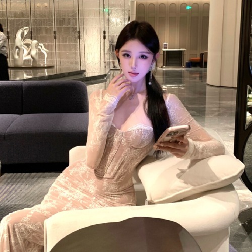 Photographed French Pure Desire Lace Splicing Dress High-waist Slimming Bustier Bodycon Fish Tail Dress