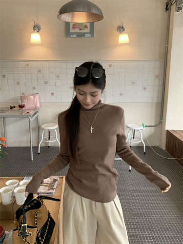 Real-shot, genuine layered high-neck knit base shirt for women—slim-fit, long-sleeve design that exudes a sophisticated, laid-back vibe while creating a flattering, figure-flattering look.