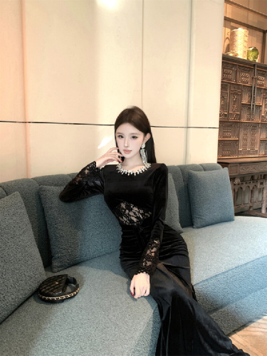 Photographed #Heavy Industry Nail Drill Velvet Fish Tail Skirt Pleated Slimming Elegant Lace Splicing Dress