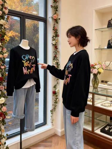 Cotton-Blend CVC Ribbed Crew Neck Print Sweatshirt for Women and Men Couples - Regular - Padded