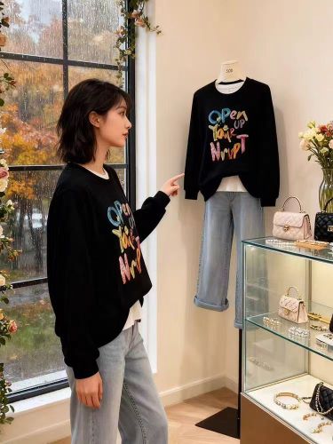 Cotton-Blend CVC Ribbed Crew Neck Print Sweatshirt for Women and Men Couples - Regular - Padded