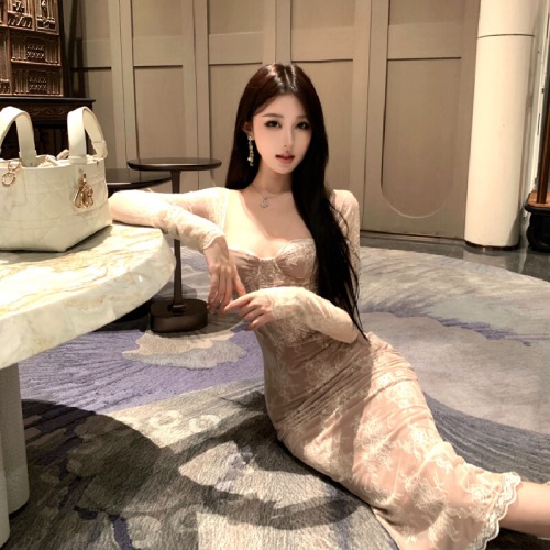 Photographed French Pure Desire Lace Splicing Dress High-waist Slimming Bustier Bodycon Fish Tail Dress