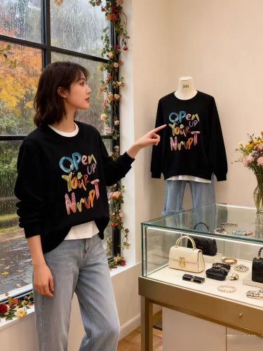 Cotton-Blend CVC Ribbed Crew Neck Print Sweatshirt for Women and Men Couples - Regular - Padded