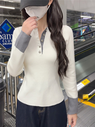 Real-shot Contrasting-Color Fake Two-Piece Knit Sweater for Women, Slimming & Versatile Long-Sleeve Base Layer Top