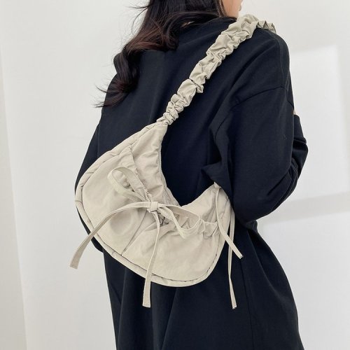Girls ins casual shoulder bag Korean style pleated shoulder strap crossbody bag lazy style bow armpit bag cotton bag