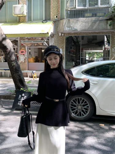 Actual photos Real waist-cinching sweater new half-high collar lantern sleeve slimming elegant knit top with belt