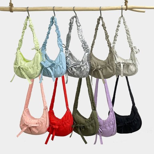 Girls ins casual shoulder bag Korean style pleated shoulder strap crossbody bag lazy style bow armpit bag cotton bag