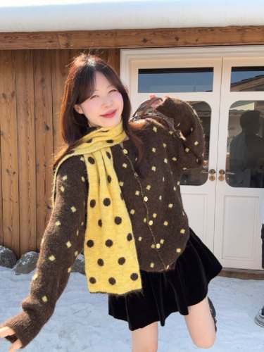 Photographed Retro Polka Dot Long-Sleeve Sweater Autumn/Winter New Arrival Loose Fit Slimming Casual Style Knit Top with Scarf