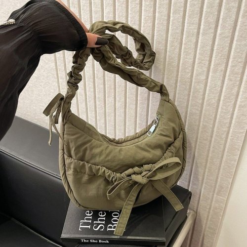 Girls ins casual shoulder bag Korean style pleated shoulder strap crossbody bag lazy style bow armpit bag cotton bag