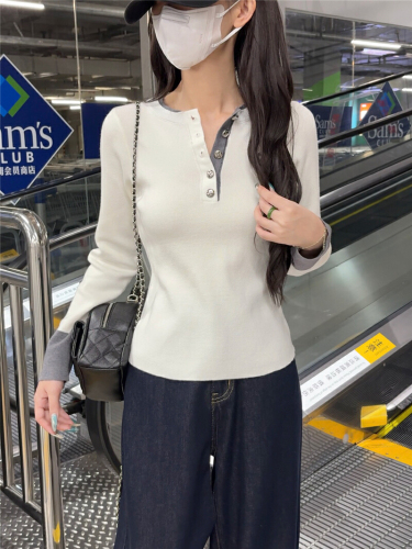 Real-shot Contrasting-Color Fake Two-Piece Knit Sweater for Women, Slimming & Versatile Long-Sleeve Base Layer Top