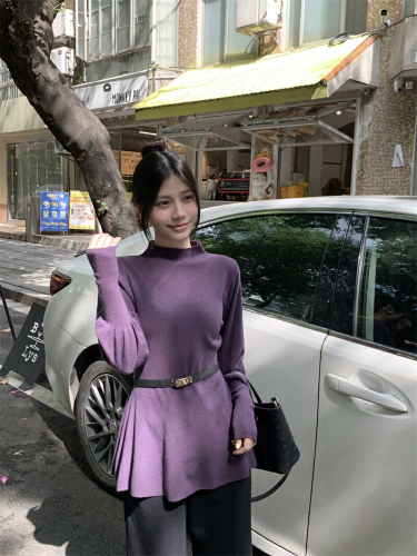 Actual photos Real waist-cinching sweater new half-high collar lantern sleeve slimming elegant knit top with belt