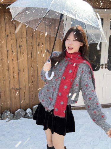 Photographed Retro Polka Dot Long-Sleeve Sweater Autumn/Winter New Arrival Loose Fit Slimming Casual Style Knit Top with Scarf