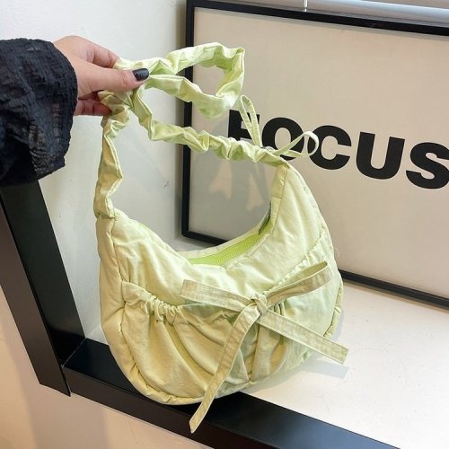 Girls ins casual shoulder bag Korean style pleated shoulder strap crossbody bag lazy style bow armpit bag cotton bag