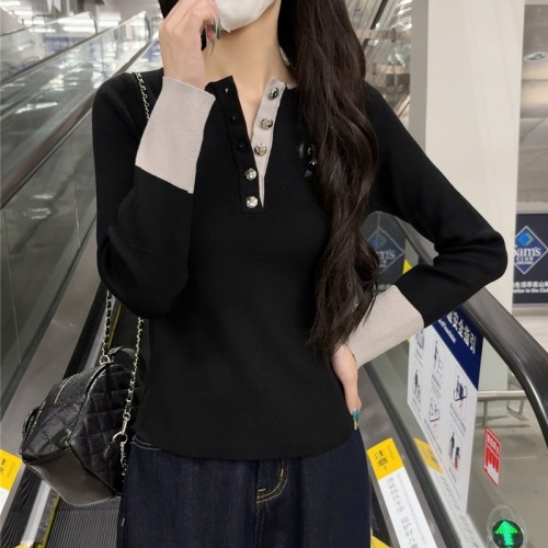 Real-shot Contrasting-Color Fake Two-Piece Knit Sweater for Women, Slimming & Versatile Long-Sleeve Base Layer Top