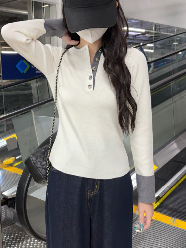 Real-shot Contrasting-Color Fake Two-Piece Knit Sweater for Women, Slimming & Versatile Long-Sleeve Base Layer Top