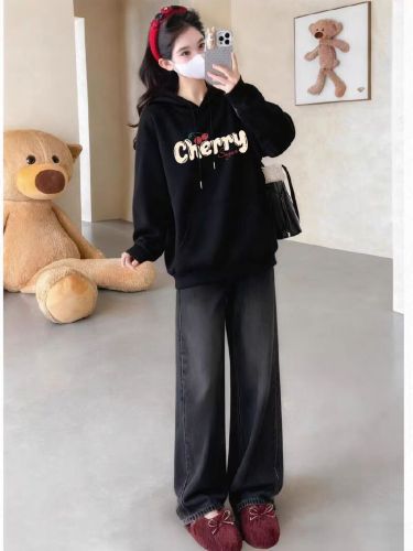 High-quality cotton composite CVC ribbed women's hooded printed sweatshirt, regular thermal-lined