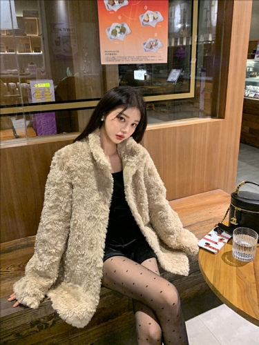 Original fabric 2025 new style stand-up collar lamb wool women's leather and fur integrated coat