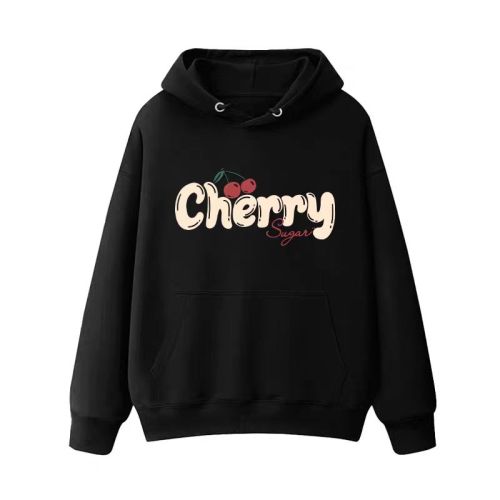 High-quality cotton composite CVC ribbed women's hooded printed sweatshirt, regular thermal-lined