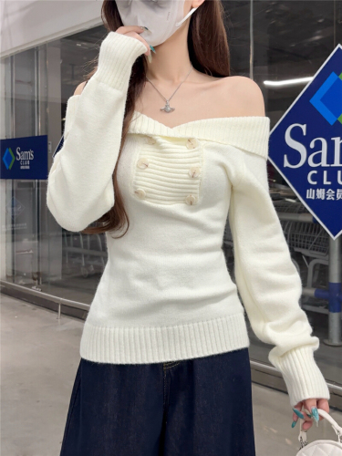 Photographed Korean-style temperament one-shoulder cashmere knit sweater autumn spicy girl shoulder-revealing top