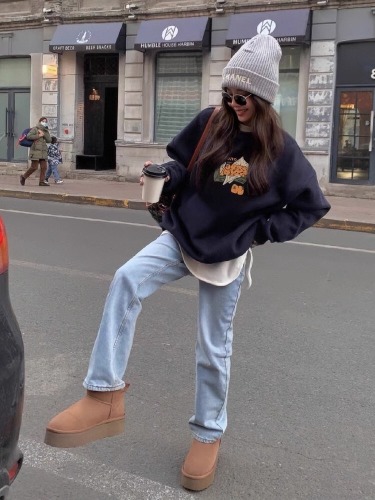 Huaian Composite-Thin/Thick Winter Outfit Thick Crew Neck Sweatshirt for Women with Print Baby Fleece