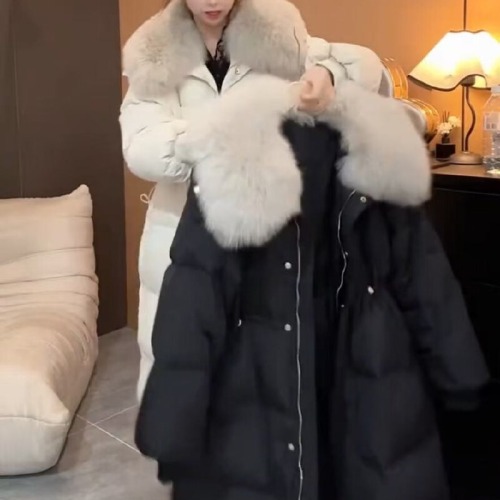 Women's New Korean Style Fashion Faux Fur Fox Hooded Long Coat with Slimming Belt and Versatile Design