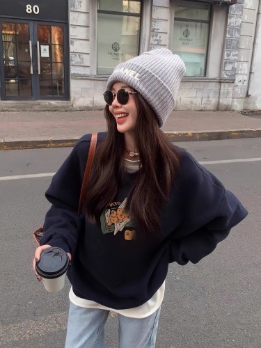 Huaian Composite-Thin/Thick Winter Outfit Thick Crew Neck Sweatshirt for Women with Print Baby Fleece